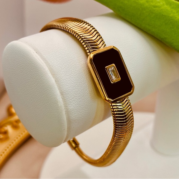 NWT Luzy Jewelry Mega Herringbone Bracelet Black Onyx & CZ 18K Gold - Picture 4 of 10